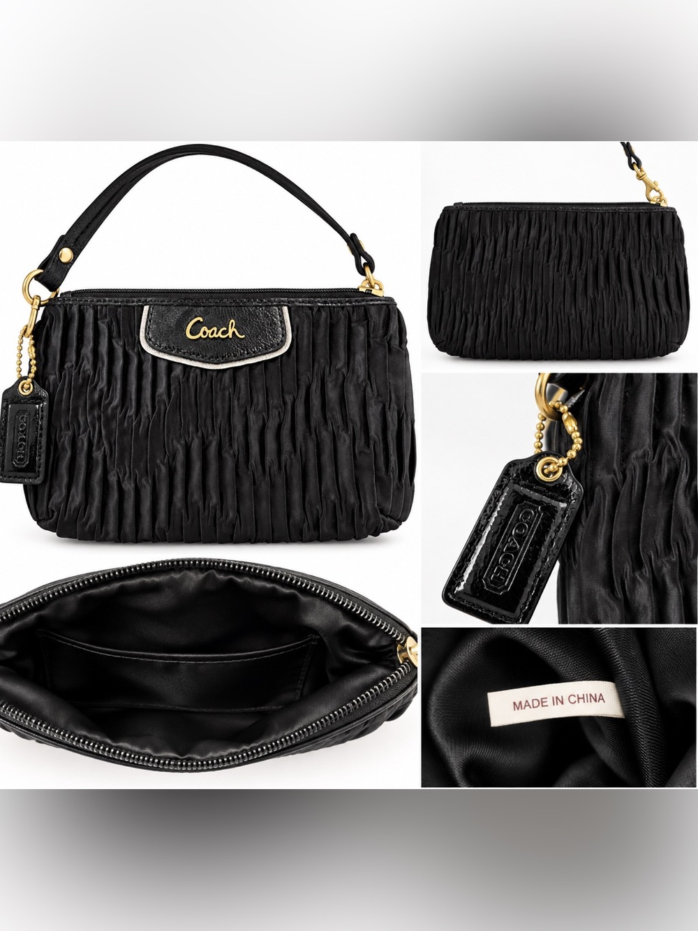 Coach Black Pleated Ruched Satin Wristlet Mini Bag Gold Hardware